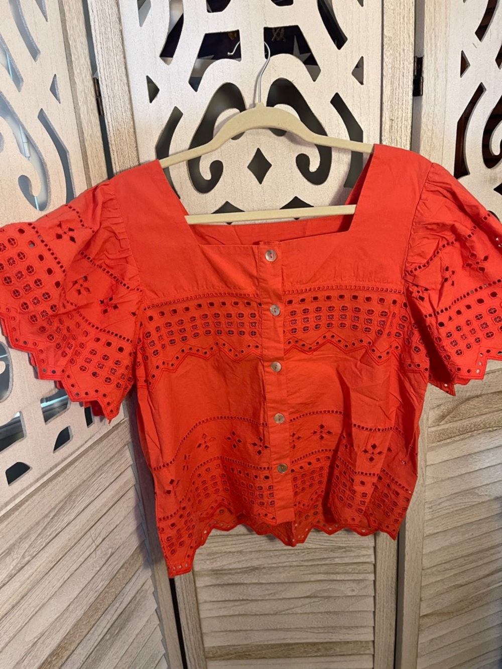 Nicole Miller Coral Eyelet Square-Neck Button-Front Women's Top